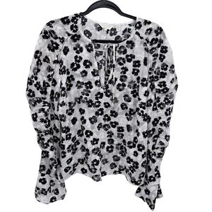 Ted Baker Tarius Floral Burnout Blouse Black White Ruched Sleeve Split Neck 4 L